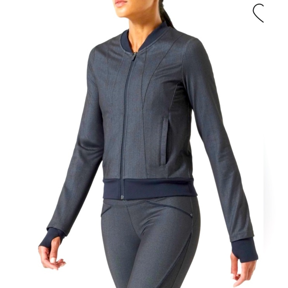 MPG Sport Denim Lined Bomber Ribbed Collar Cuff Hem Thumb Hole Athleisure Jacket